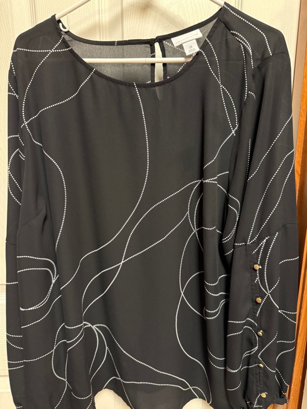 Liz Claiborne Black Blouse with White Dotted Swirl Print
